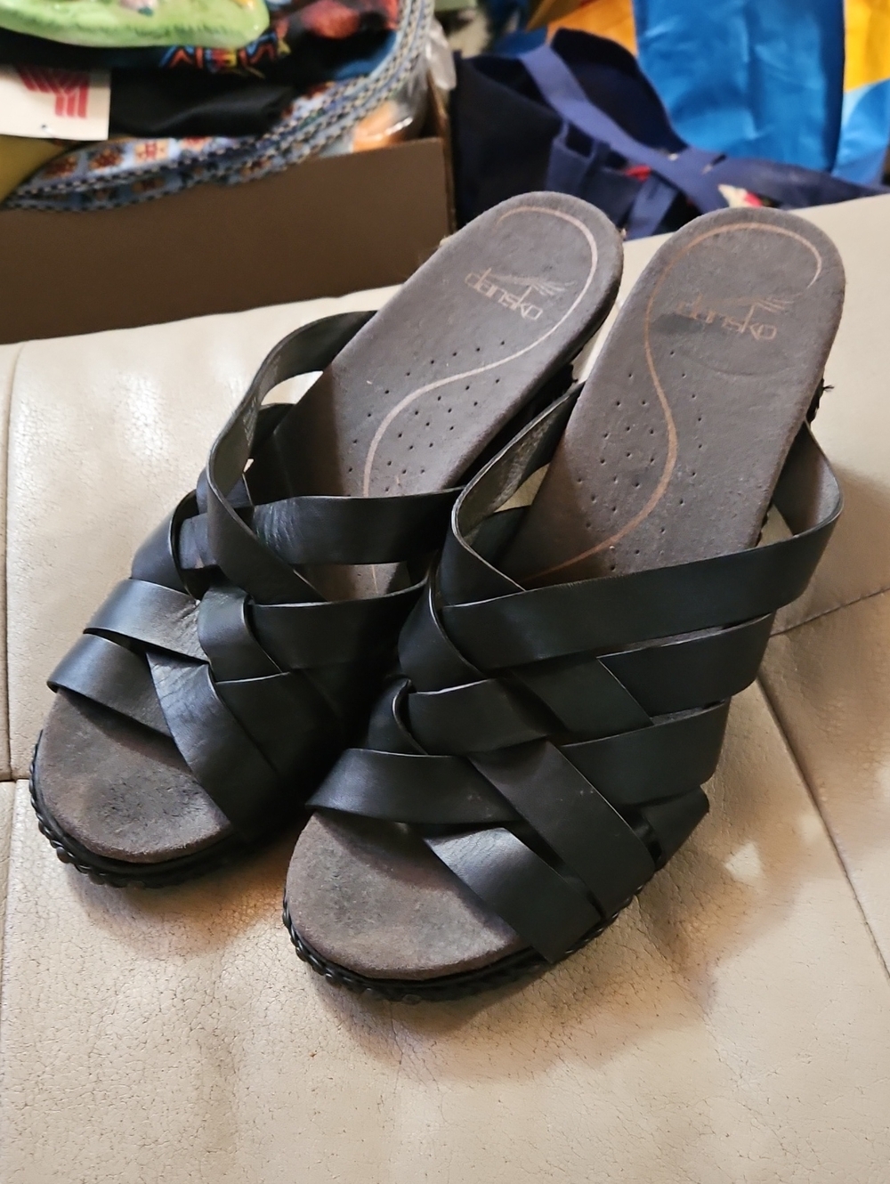 Dansko Black Woven Leather Slide Mules